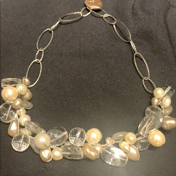 Fresh Water Pearl Glass Beads Silver Necklace - Picture 1 of 3